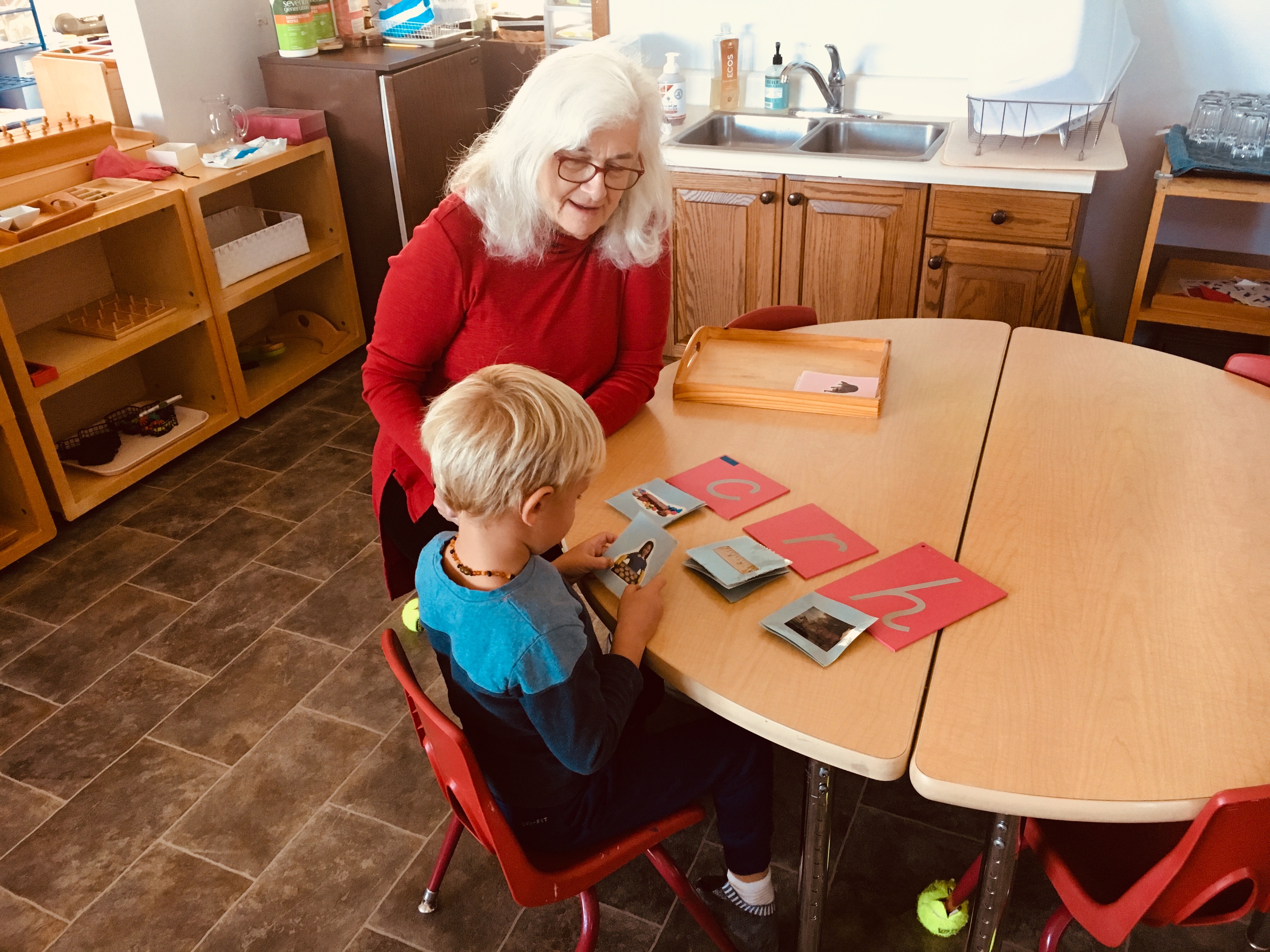 Mrs. Dyer asks Samuel, age 4, to sort out cards with pictures of objects whose names begin with a, m, or t, under their appropriate first letters.