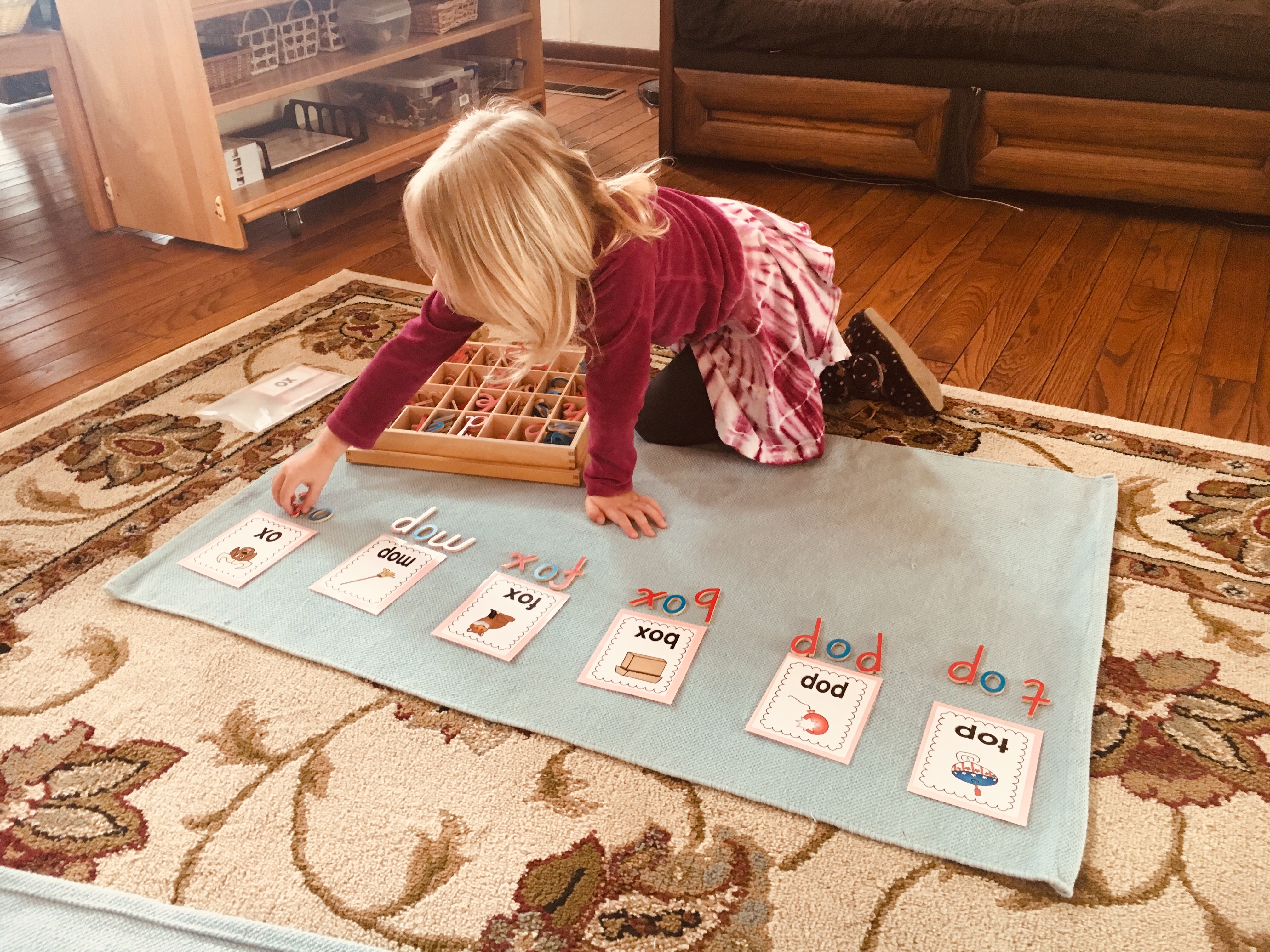 Trinity, age 4, spells out words show on cards, using letters from the moveable alphabet box.